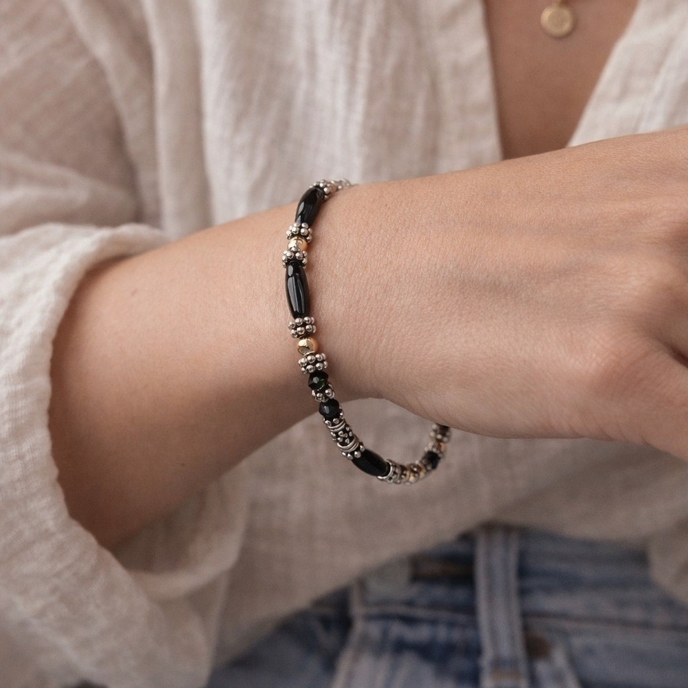 Boho Artisan Black Onyx & Black Glass Beaded Bracelet Mixed Metal Toggle Clasp